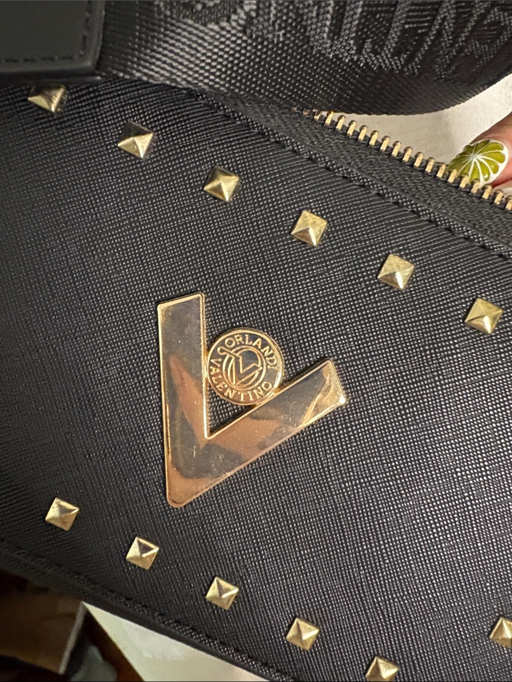 Valentino Orlandi Black Studded Crossbody with Gold V Emblem - Picture 4 of 5